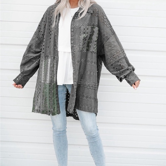Duffel Green Eyelet Pattern Patchwork Oversized Button Up Shacket Bohemian style - Picture 9 of 15